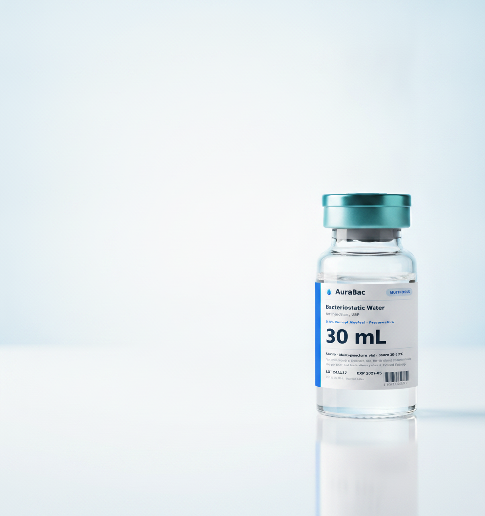 Sterile AuraBac bacteriostatic water vial on a clinical surface