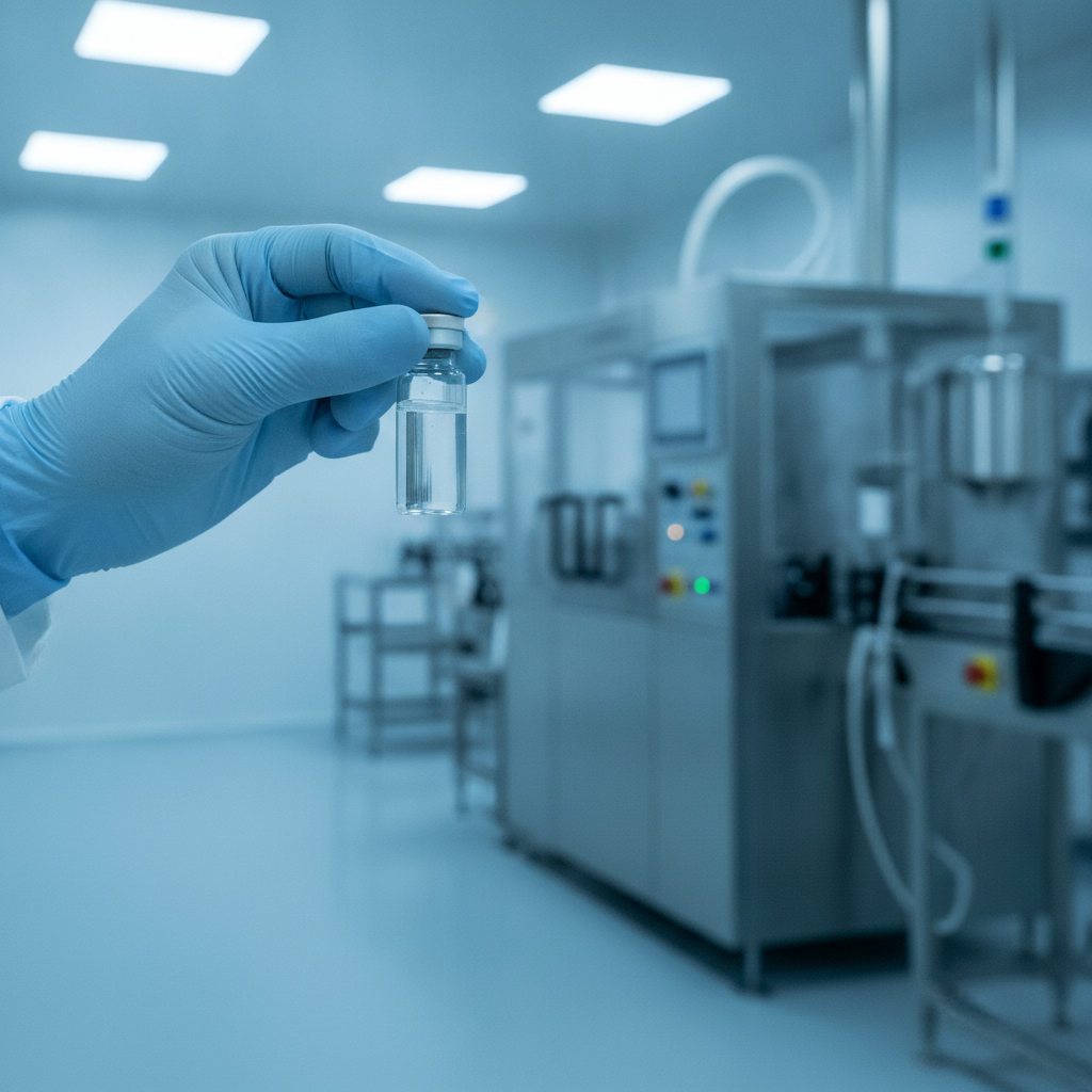 Quality control inspection of an AuraBac vial in a pharmaceutical lab